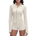 SUUKSESS Women Golden Zipper Lightweight Cropped Jackets with Thumb Holes