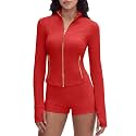 SUUKSESS Women Golden Zipper Lightweight Cropped Jackets with Thumb Holes