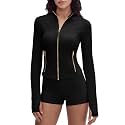 SUUKSESS Women Golden Zipper Lightweight Cropped Jackets with Thumb Holes