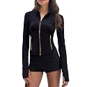 SUUKSESS Women Golden Zipper Lightweight Cropped Jackets with Thumb Holes