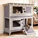Suumerpety 2-Story Wooden Rabbit Hutch with Chew-Proof Ramp, Dual Leak-Proof Pull-Out Trays &amp; 4 Lockable Wheels, Indoor Outdoor Bunny Cage for Rabbits &amp; Guinea Pigs (Grey)