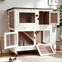 Suumerpety 36" 2-Story Wooden Rabbit Hutch with Chew-Proof Ramp, Double Leak-Proof Pull-Out Trays & 4 Lockable Wheels, Indoor Outdoor Bunny Cage for Rabbits & Guinea Pigs (Brown)