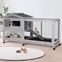 Suumerpety 62" Rabbit Hutch with Chew-Proof Ramp & Waterproof Roof - Indoor/Outdoor Bunny Cage, 2-Story Design, 6 Lockable Caster Wheels & Dual Pull-Out Trays (Grey)