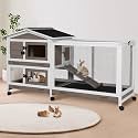 Suumerpety 62" Rabbit Hutch with Chew-Proof Ramp & Waterproof Roof - Indoor/Outdoor Bunny Cage, 2-Story Design, 6 Lockable Caster Wheels & Dual Pull-Out Trays (Brown)
