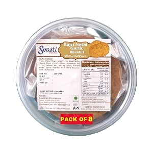 svasti dry bhakri snacks  roasted healthy gujarati snacks  no maida  no artificial colours  with onion amp garlic  vacuum packed  whole wheat bajri methi garlic - 200 gms pack of 8