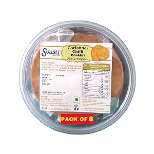 svasti dry bhakri snacks  roasted healthy gujarati snacks  no maida  no artificial colours  no onion amp no garlic  vacuum packed  whole wheat coriander chilly bhakhri - 200 gms pack of 8