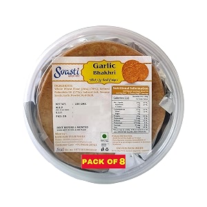svasti dry bhakri snacks  roasted healthy gujarati snacks  no maida  no artificial colours  with onion amp garlic  vacuum packed  whole wheat garlic bhakhri - 200 gms pack of 8
