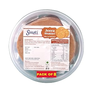 svasti dry bhakri snacks  roasted healthy gujarati snacks  no maida  no artificial colours  no onion amp no garlic  vacuum packed  whole wheat jeera bhakhri - 200 gms pack of 8