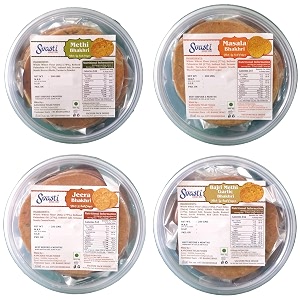 svasti dry bhakri snacks  roasted healthy gujarati snacks  no maida  no artificial colours  vacuum packed  whole wheat bhakri  methi masala jeera bajri methi garlic bhakhri - 200 gms pack of 4