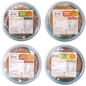 svasti dry bhakri snacks  roasted healthy gujarati snacks  no maida  no artificial colours  no onion amp garlic  whole wheat  vacuum packed  methi masala jeera coriander chilli bhakhri - 200 gms pack of 8