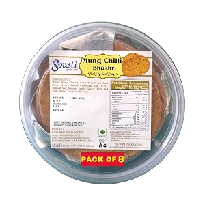 svasti dry bhakri snacks  roasted healthy gujarati snacks  no maida  no artificial colours  no onion amp garlic  vacuum packed  whole wheat mung chilli bhakhri - 200 gms pack of 8