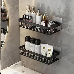 svh self-adhesive multipurpose wall-mounted shelf rack with magic sticker  space-saving organizer for bathroom and kitchen black pack of 2