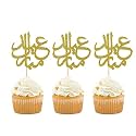 24Pcs Gold Glitter Eid Mubarak Cupcake Toppers, Arabic Happy Eid Ramadan Kareem Cake Decorations, Islamic Muslim Party Supplies Decorations