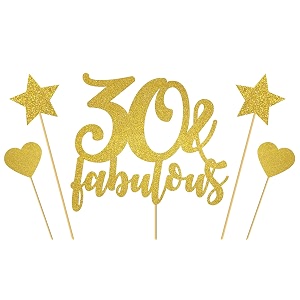 30 and fabulous cake topper with 2 star and heart topper- gold glitter 30 birthday cake topper