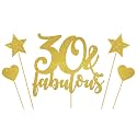 30 and Fabulous Cake Topper with 2 star and heart topper- Gold Glitter, 30 Birthday Cake Topper