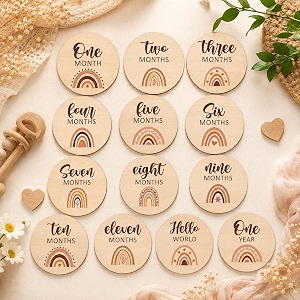 baby monthly milestone cards  13 pieces wooden baby milestone cards boho rainbow front sided printed milestone discs wood gift photo prop discs sets