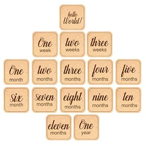 baby monthly milestone cards  square shape-13 light birch from newborn to 1 year - wooden milestones photoshoot props and markers 16 count