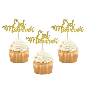 eid mubarak cup cake topper ramadan kareem party decorations islamic muslim party decors supplies gold glitter -20pcs