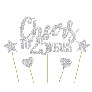 glitter cheers to 25 years cake topper silver - happy 25th birthday party decorations and supplies