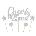 Glitter Cheers to 25 Years Cake Topper (Silver) - Happy 25th Birthday Party Decorations and Supplies