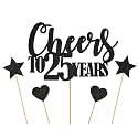 Glitter Cheers to 25 years cake topper (Black), Happy 25th Birthday Cake Topper, Cheers to 25 Years Party Cake Topper Decorations, Supplies