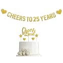 Glitter Cheers to 25 years cake topper and banner (gold) Happy 25th Birthday Cake Topper,