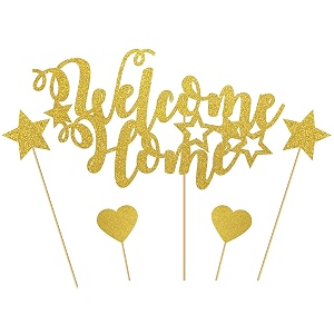 gold glitter welcome home cake topper - home party decoration - welcome sign - new homenew babyretiring from the armyreturn from maternity party decoration