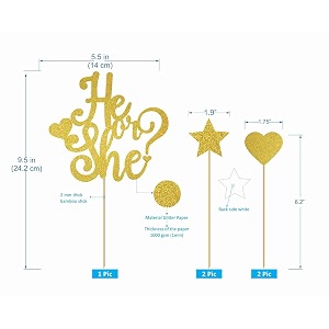 gold glittery he or she cake topper with 2 heart and 2 star topper- baby shower party decorations baby shower cake decor