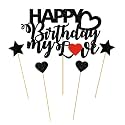 Happy Birthday My Love Cake Topper - Black Glitter My Love Birthday Party Cake Decoration Supply - Lover Birthday Cake Topper with Heart for Wife, Husband, Children or Parent