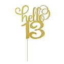 Hello 13 Cake Topper - 13th Birthday/Anniversary Cake Decoration, Gold, Hello 13