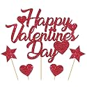 Red Glitter Love Heart Cupcake Toppers with Heart and Star Topper Happy Valentine's Day Cake Topper Picks Decoration for Valentine's Day Theme Party Supplies