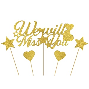 we will miss you cake topper gold - job change graduation party cake decor - going awayretirementfarewell party decorations