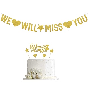 we will miss you cake topper and banner gold - job change graduation party cake decor - going awayretirementfarewell party decorations