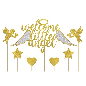welcome little angel cake topper-gold glitter cake topper little girl or little boy cake decor baby shower kids first birthday party decorations