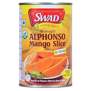 swad alphonso mango slice with syrup  no added preservatives amp sweeteners  export grade happus aam  natural mango slices with syrup  tin pack of 1 450g each