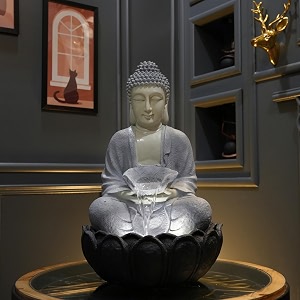 fibreglass 2 feet buddha water fountain with led lights decor meditating buddha statue with fountain for home office amp garden decor vastu amp positive energy grey black