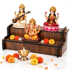 swagstation 2 tier wooden mandir steps stand for god idols chowki 15 inch