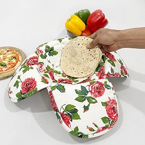 swayam 100 cotton cloth roti casserole  hot chapati box  washable bread basket  22 cm round roti basket  floral design - white