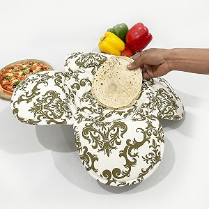 swayam 100 cotton cloth roti casserole  hot chapati box  washable bread basket  22 cm round roti basket  motif design - white amp olive