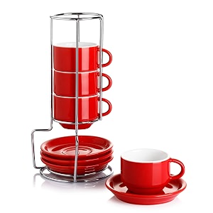 sweese 405104 porcelain stackable espresso cups with saucers and metal stand - 4 ounce - set of 4 red