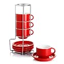 Sweese 405.104 Porcelain Stackable Espresso Cups with Saucers and Metal Stand - 4 Ounce - Set of 4, Red