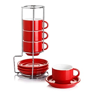 sweese 405104 porcelain stackable espresso cups with saucers and metal stand - 4 ounce - set of 4 red