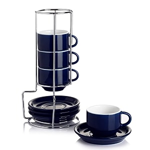 sweese 405103 porcelain stackable espresso cups with saucers and metal stand - 4 ounce - set of 4 navy