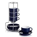 Sweese 405.103 Porcelain Stackable Espresso Cups with Saucers and Metal Stand - 4 Ounce - Set of 4, Navy