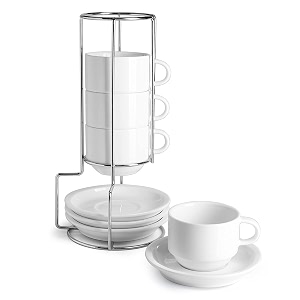 sweese 405401 porcelain stackable espresso cups with saucers and metal stand - 4 ounce - set of 4 white