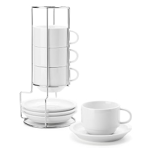 sweese 406101 porcelain stackable cappuccino cups with saucers and metal stand - 8 ounce for specialty coffee drinks cappuccino latte americano and tea - set of 4 white