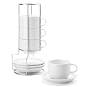 Sweese 406.101 Porcelain Stackable Cappuccino Cups with Saucers and Metal Stand - 8 Ounce for Specialty Coffee Drinks, Cappuccino, Latte, Americano and Tea - Set of 4, White