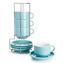 Sweese 406.102 Porcelain Stackable Cappuccino Cups with Saucers and Metal Stand - 8 Ounce for Specialty Coffee Drinks, Cappuccino, Latte, Americano and Tea - Set of 4, Turquoise