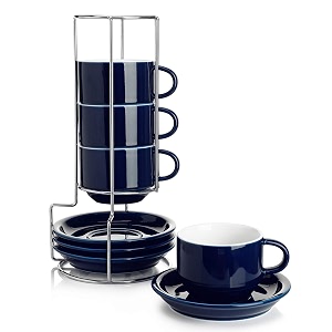 sweese 406103 porcelain stackable cappuccino cups with saucers and metal stand - 8 ounce for specialty coffee drinks cappuccino latte americano and tea - set of 4 navy