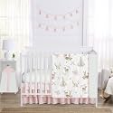 Sweet Jojo Designs 4-Piece Baby Crib Bedding Set (Woodland Deer Floral) for Girls, Infants/Nursery incl. Blanket, Fitted Sheet, Skirt, Diaper Stacker (Boho, Bohemian, Watercolor, Pink, Mint Green)